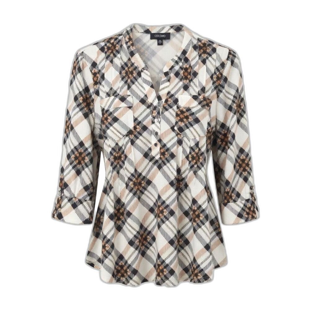 Cocomo Women's Size XL Ivory Tan Multi Tartan Plaid Print Pintuck 3/4 Sleeve Top